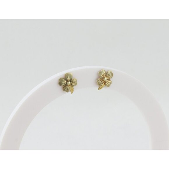 14k Yellow Gold Four Leaf Clover Earrings Stud Post 3/8" x 1/4" - Picture 4 of 9
